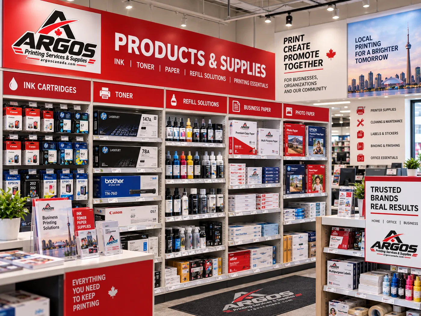 Illustrative ink toner and printing supplies display